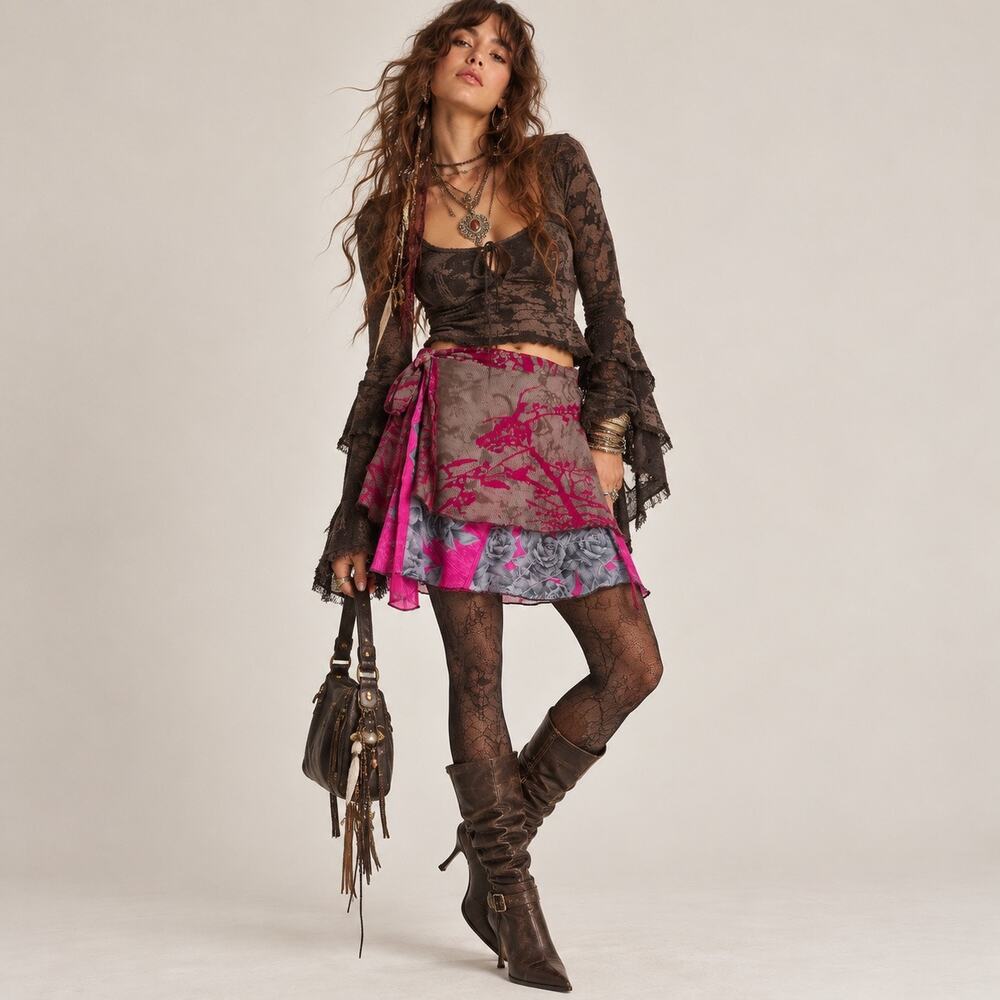 Y2K Silk Blend Hot Pink Layered Floral Wrap Mini Skirt S Fairycore
